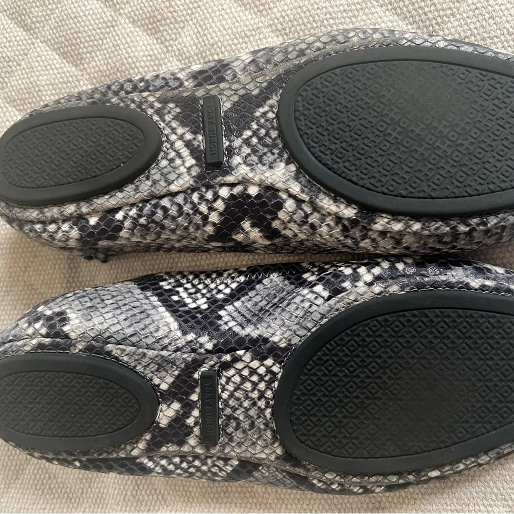 Tory Burch Metallic Silver Snake-Print Reva Ballet Flats